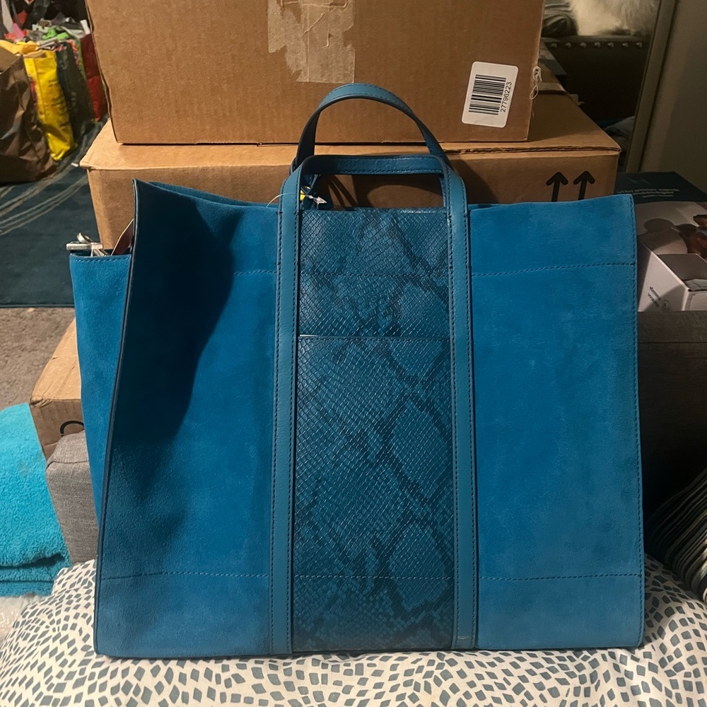 FOSSIL CARMEN LEATHER SHOPPER TOTE - LAGOON (NEW) - Picture 5 of 6
